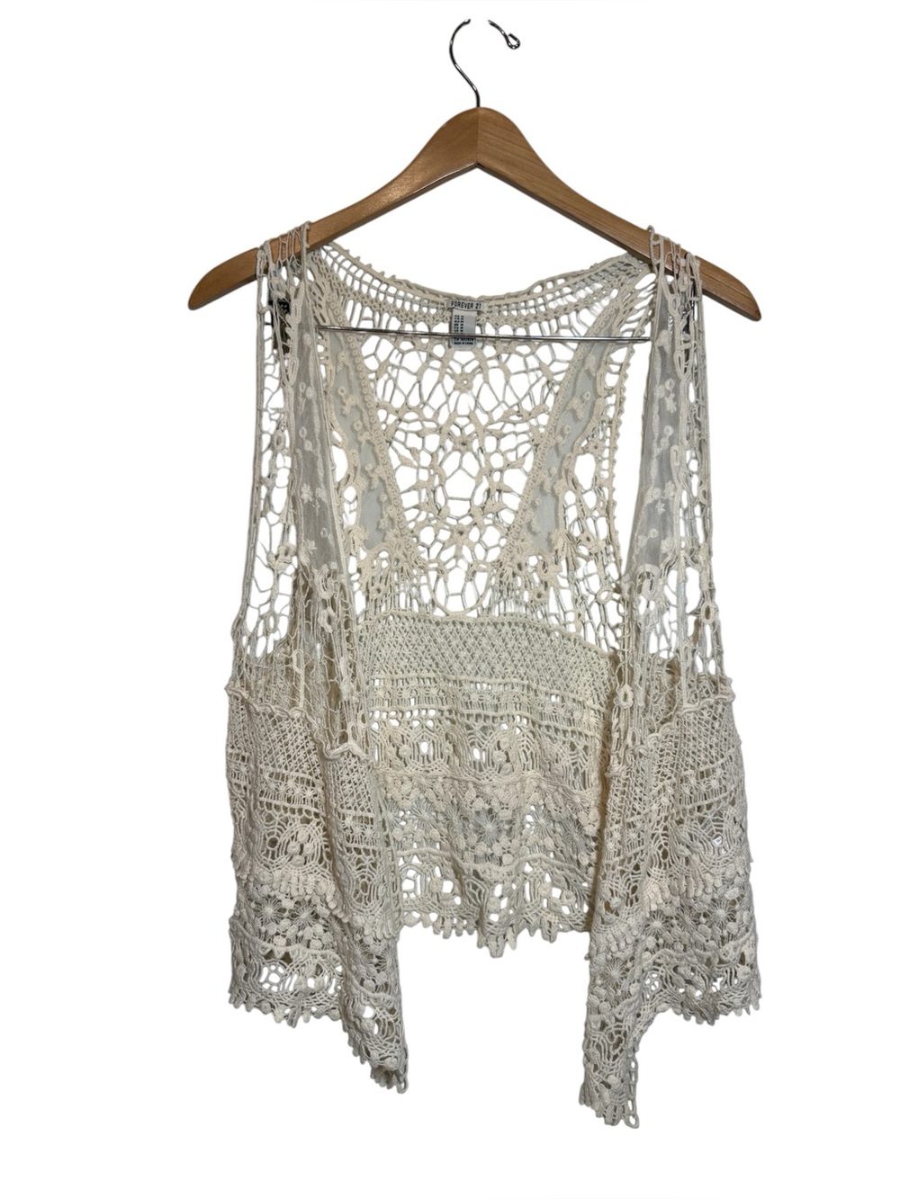 Women’s Cream Crochet Lace Vest, Sheer Details Western Beach Boho Cottage Core M